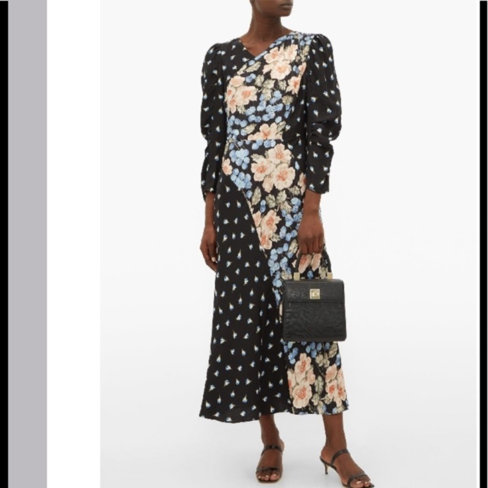 Rebecca Taylor Dress size 6 NWT Long Sleeve silk Maxi floral Black prairie